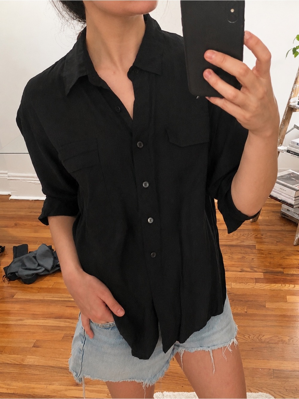 Vintage Joanna Black Silky Relaxed Long Sleeve Button Down Top Shirt Blouse M - Picture 2 of 16